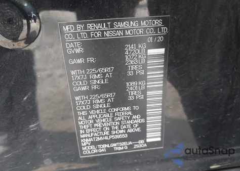 2020 Nissan Rogue Sv Intelligent Awd z USA, uszkodzony, nr VIN KNMAT2MV4LP539553